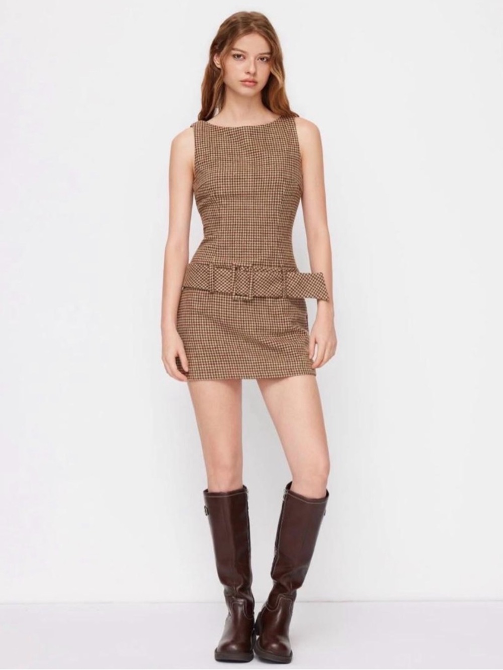 CIDER BOAT NECK HOUNDSTOOTH BELTED MINI DRESS nwt